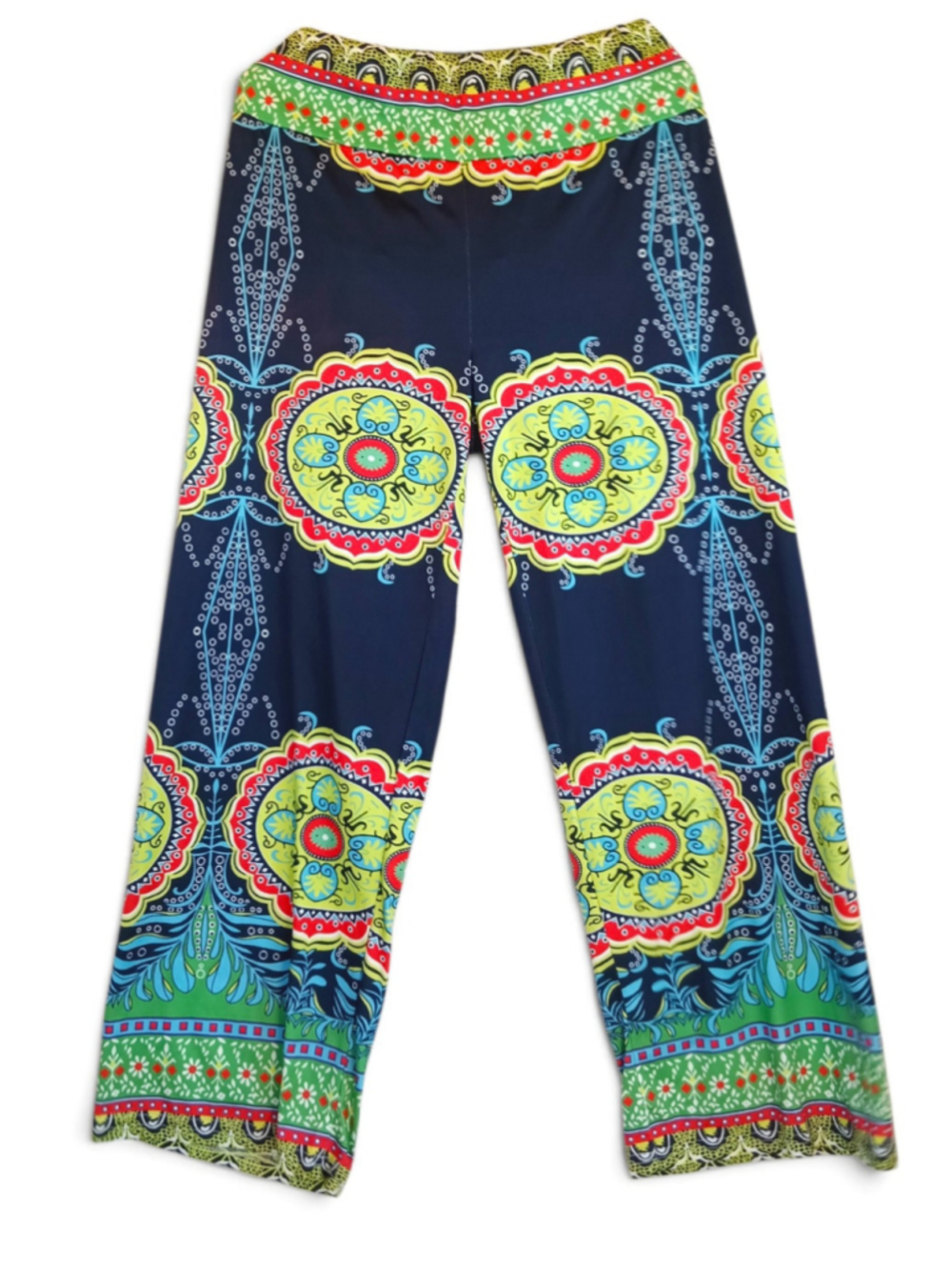 Flower & Feather Wide Leg Mandala Pants 1X Blue Green Flowy Palazzo Boho Hippy